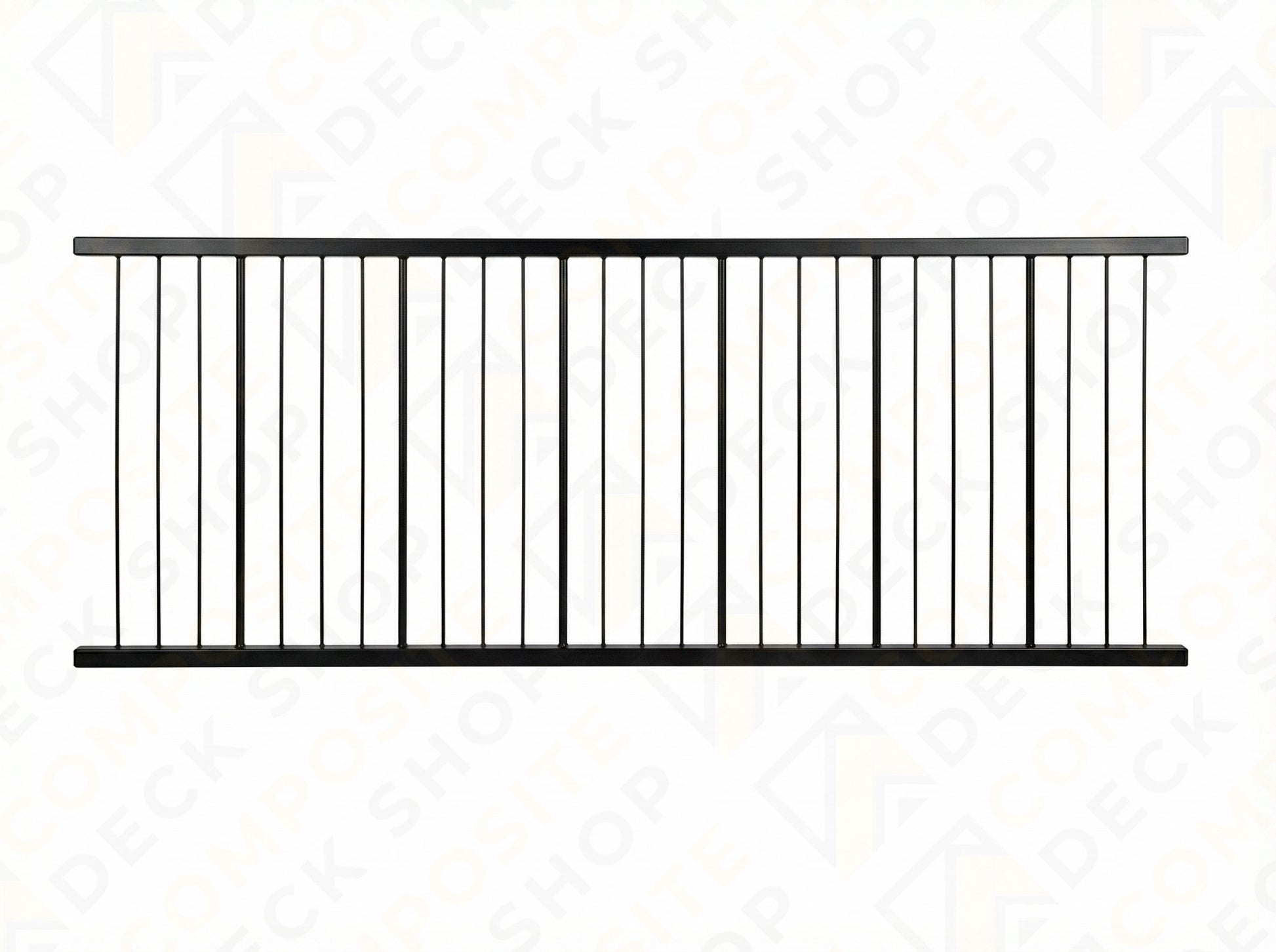 Black residential aluminum railing panel with vertical cables and horizontal rails, viewed from the front.