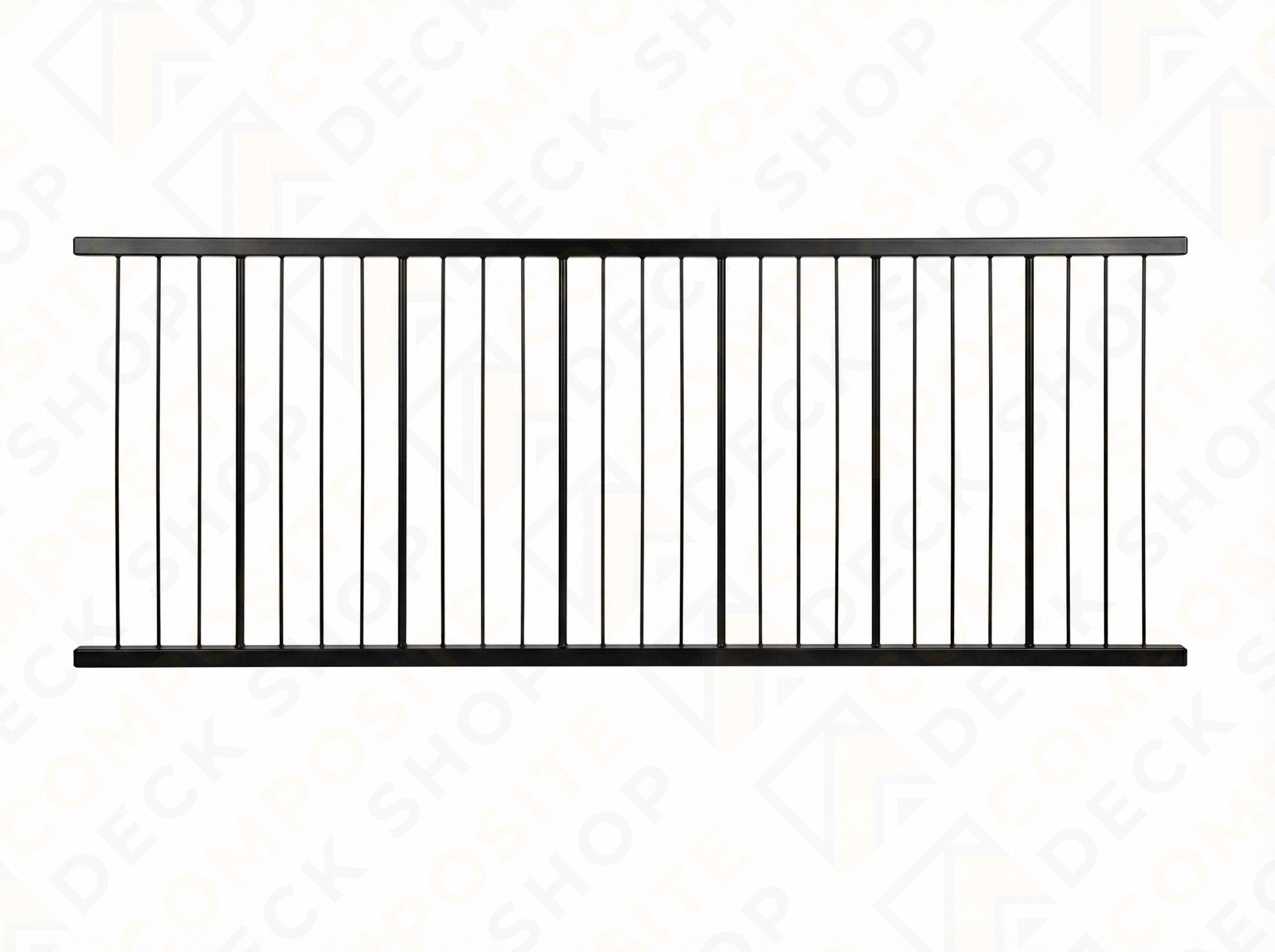 Black residential aluminum railing panel with vertical cables and horizontal rails, viewed from the front.