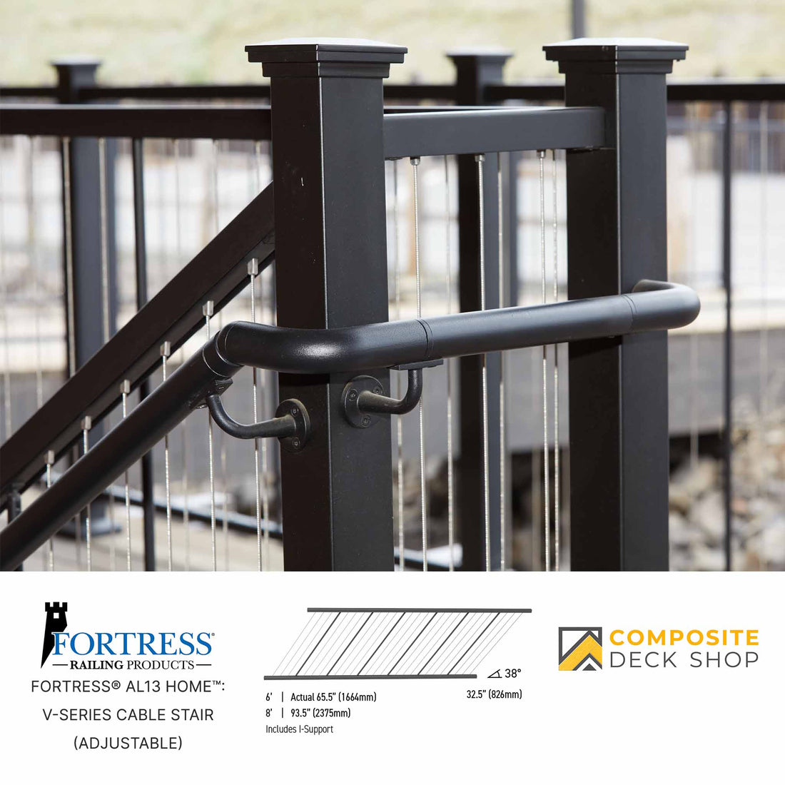 Black railing system with adjustable handrail on a deck, featuring Fortress Railing Products and Composite Deck Shop logos.