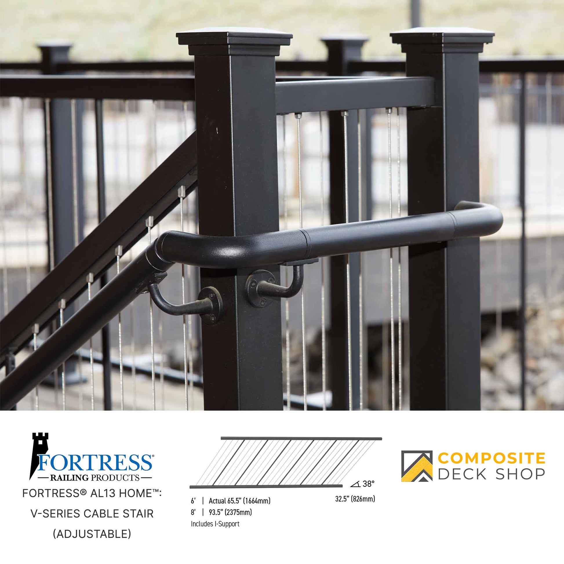 Black railing system with adjustable handrail on a deck, featuring Fortress Railing Products and Composite Deck Shop logos.