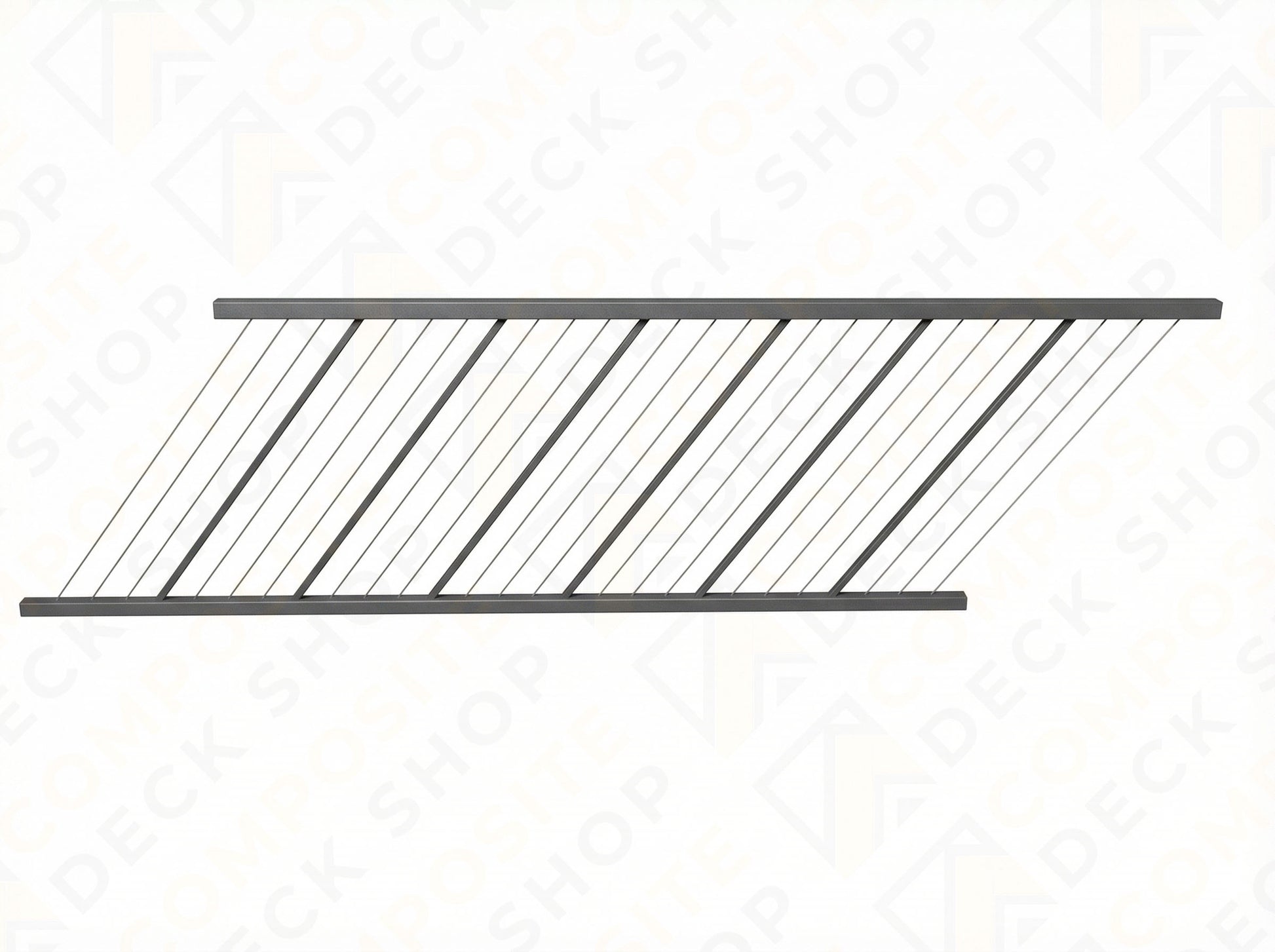 Black aluminum railing stair panel with diagonal cable railing between two horizontal bars.