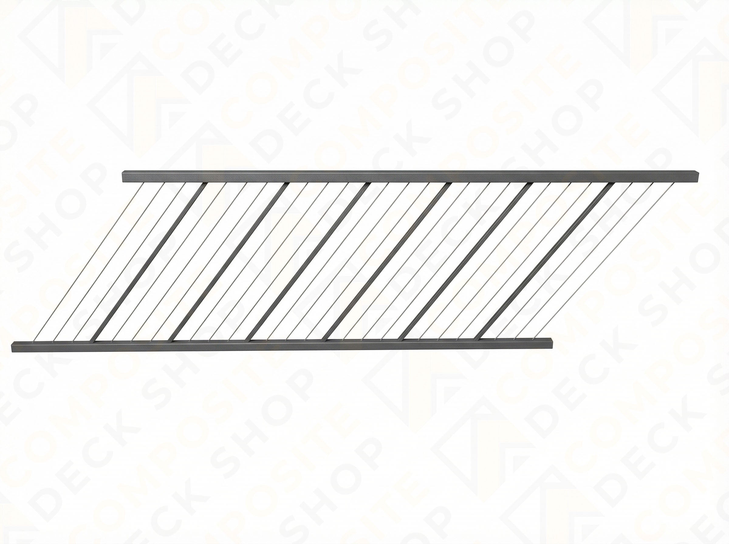 Black aluminum railing stair panel with diagonal cable railing between two horizontal bars.