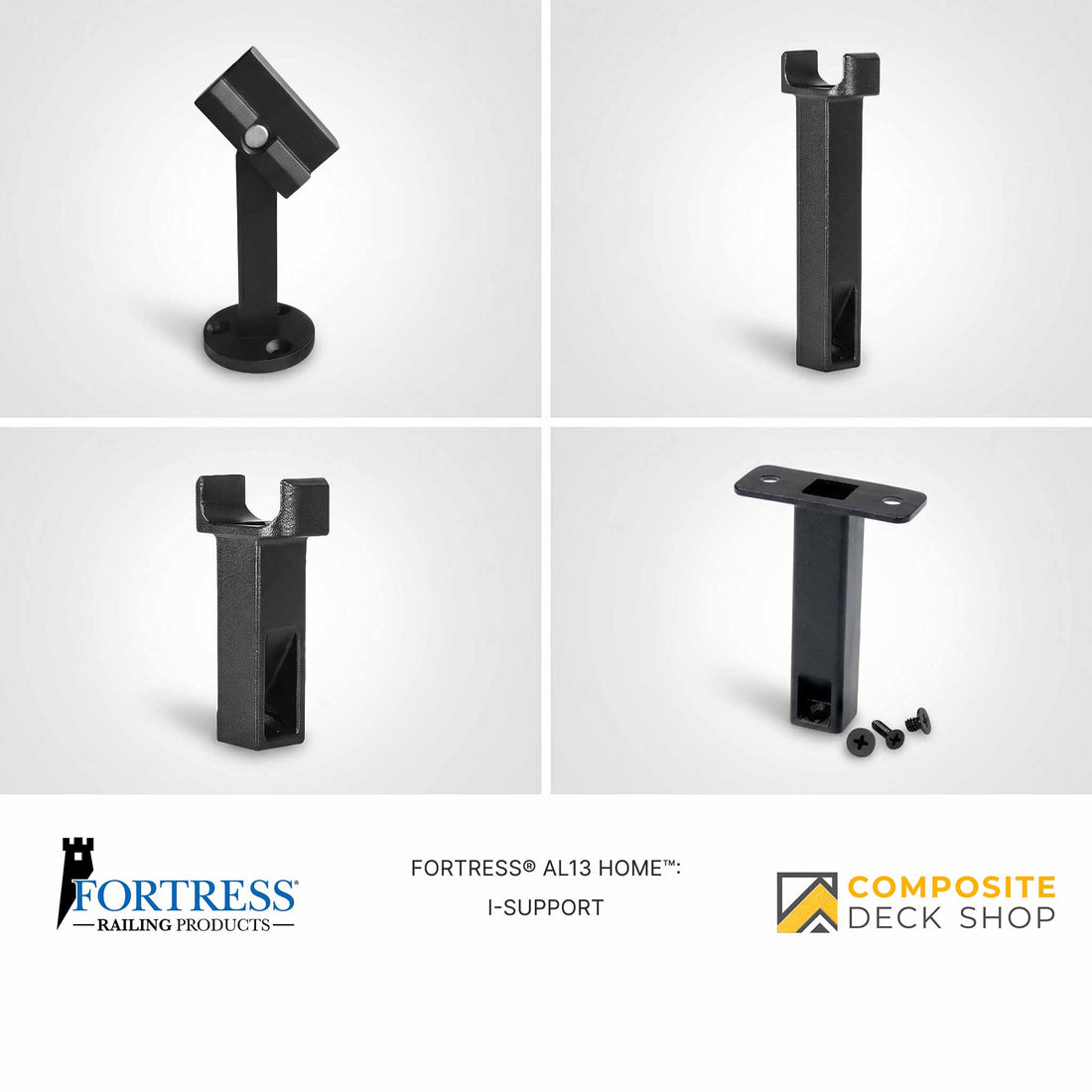 Four views of a black Al13 HOME railing support bracket with mounting screws, labeled Fortress from Composite Deck Shop.