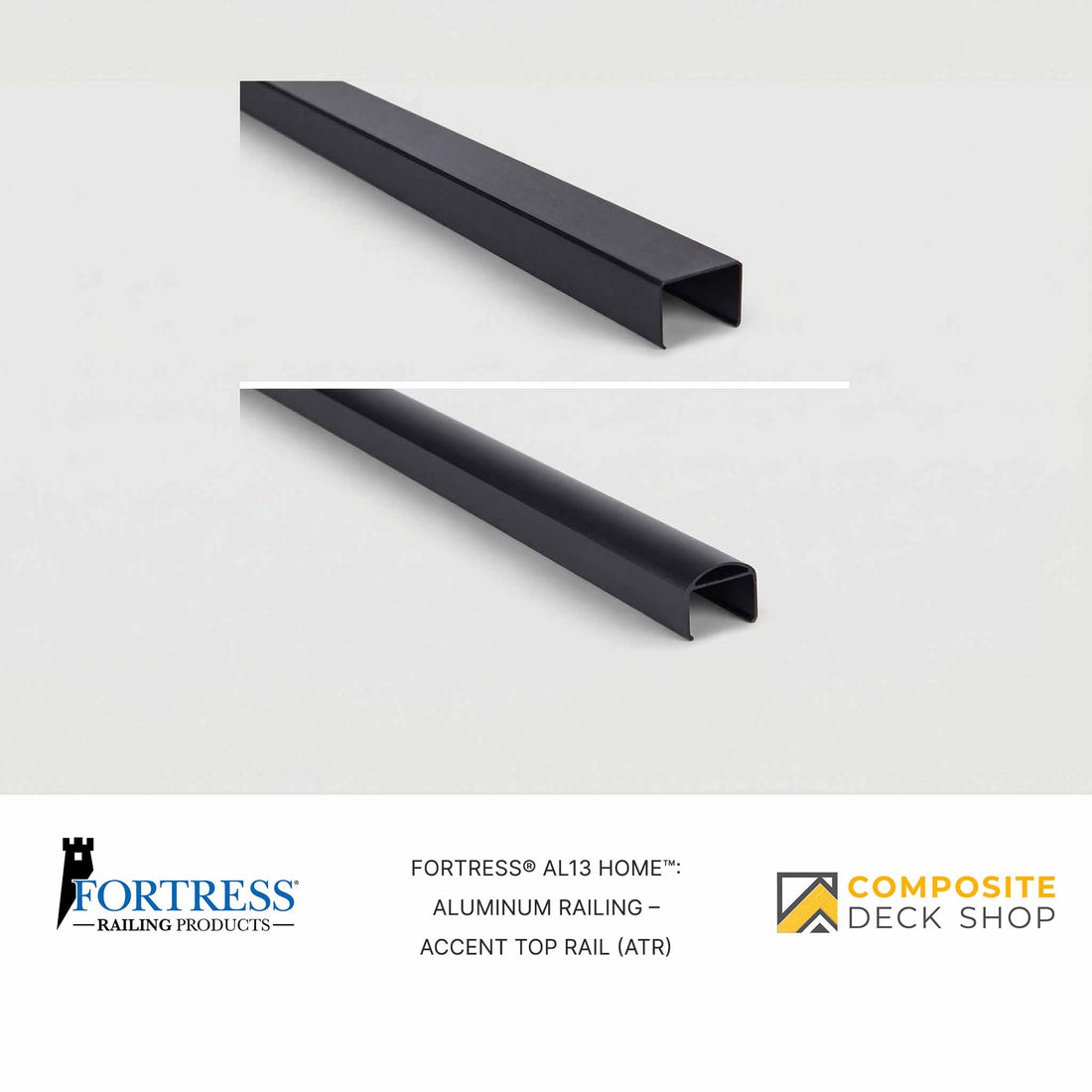 Two Al13 HOME Aluminum Railing accent top rails are shown, with brand logos and product details below the images.