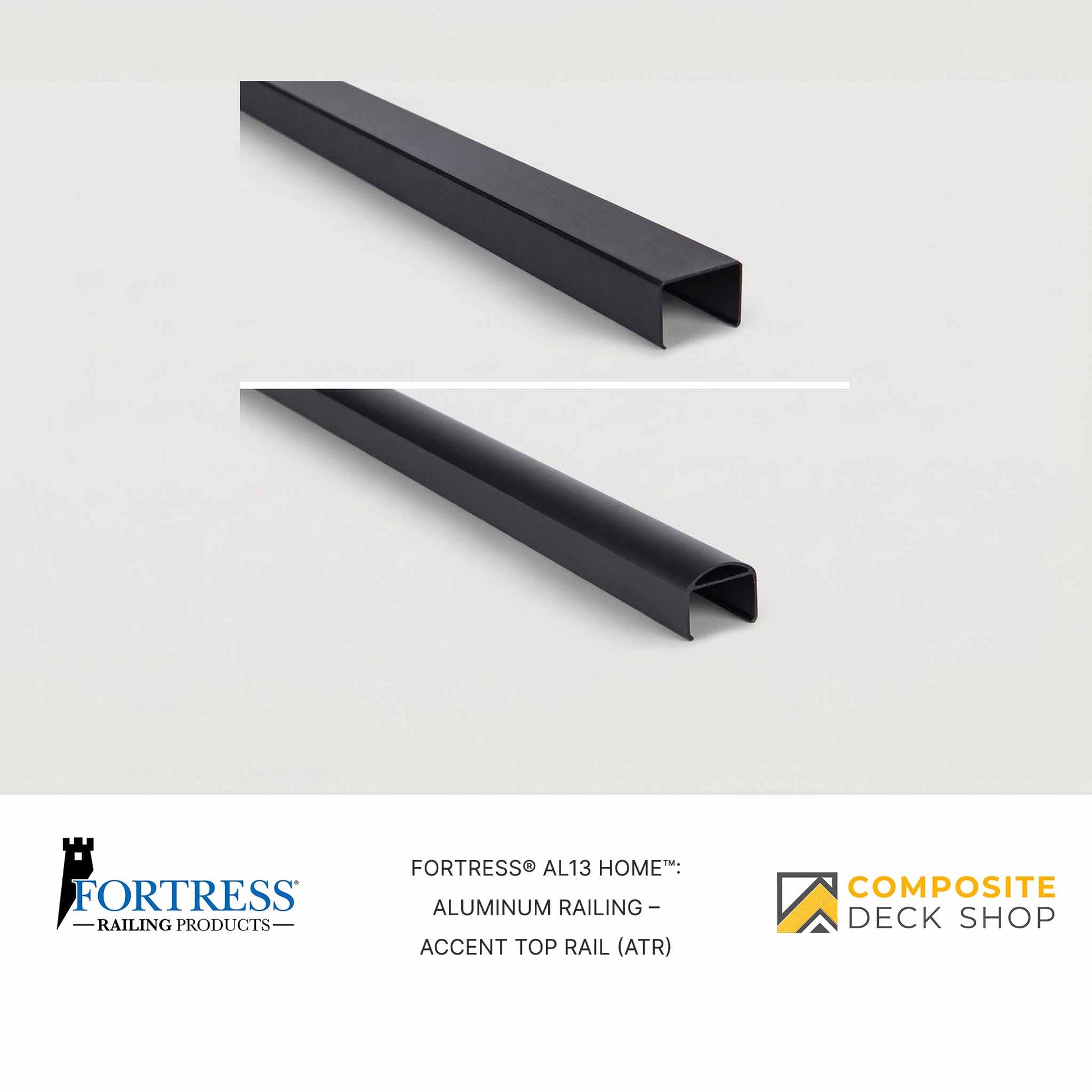 Two Al13 HOME Aluminum Railing accent top rails are shown, with brand logos and product details below the images.