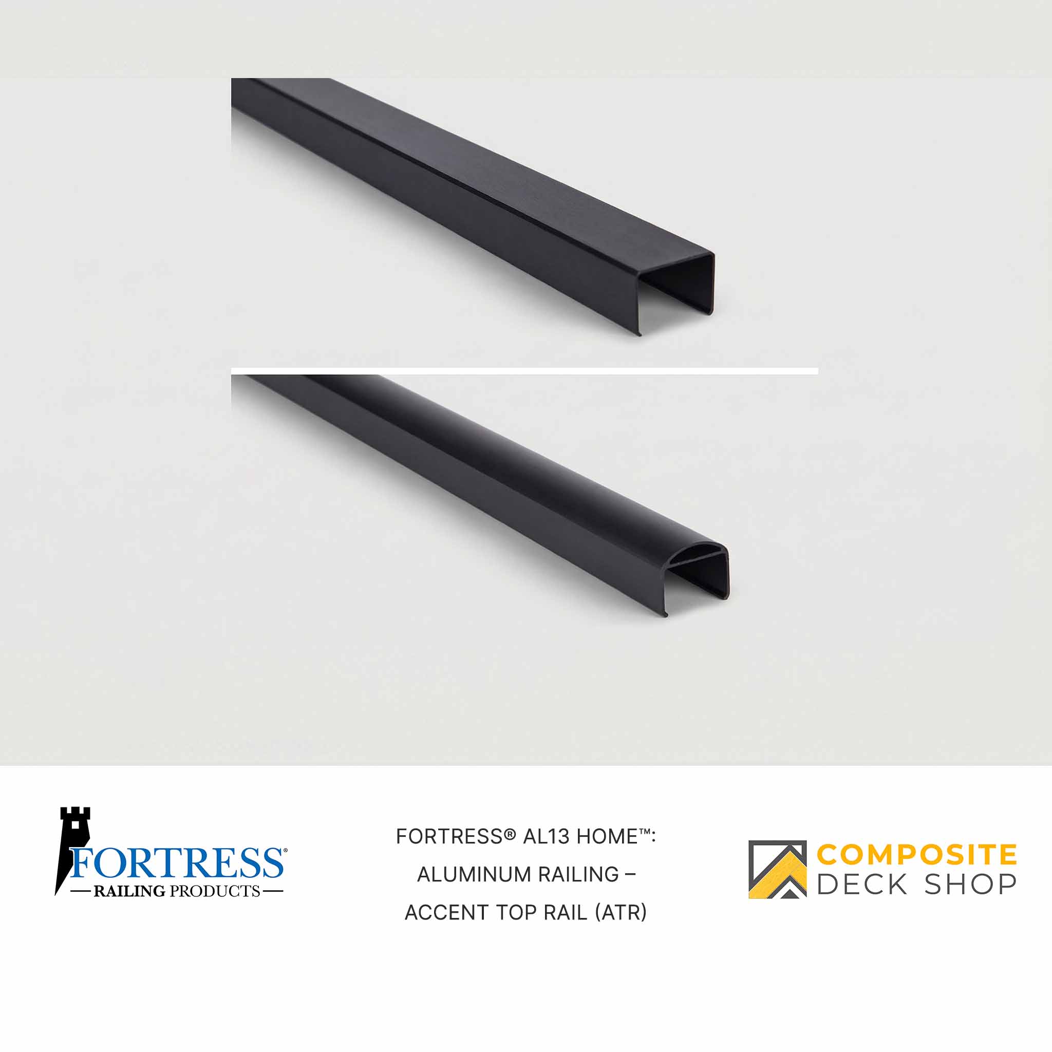 Two Al13 HOME Aluminum Railing accent top rails are shown, with brand logos and product details below the images.