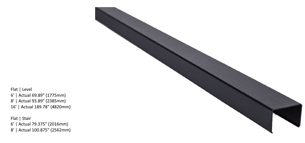 A black metal flat stair rail is shown, featuring Fortress Al13 HOME Aluminum Railing and length options on the left.