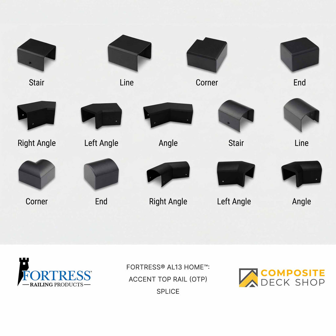 Collection of black railing products with labels on a gray background, featuring Fortress Railing Products and Composite Deck Shop logos.
