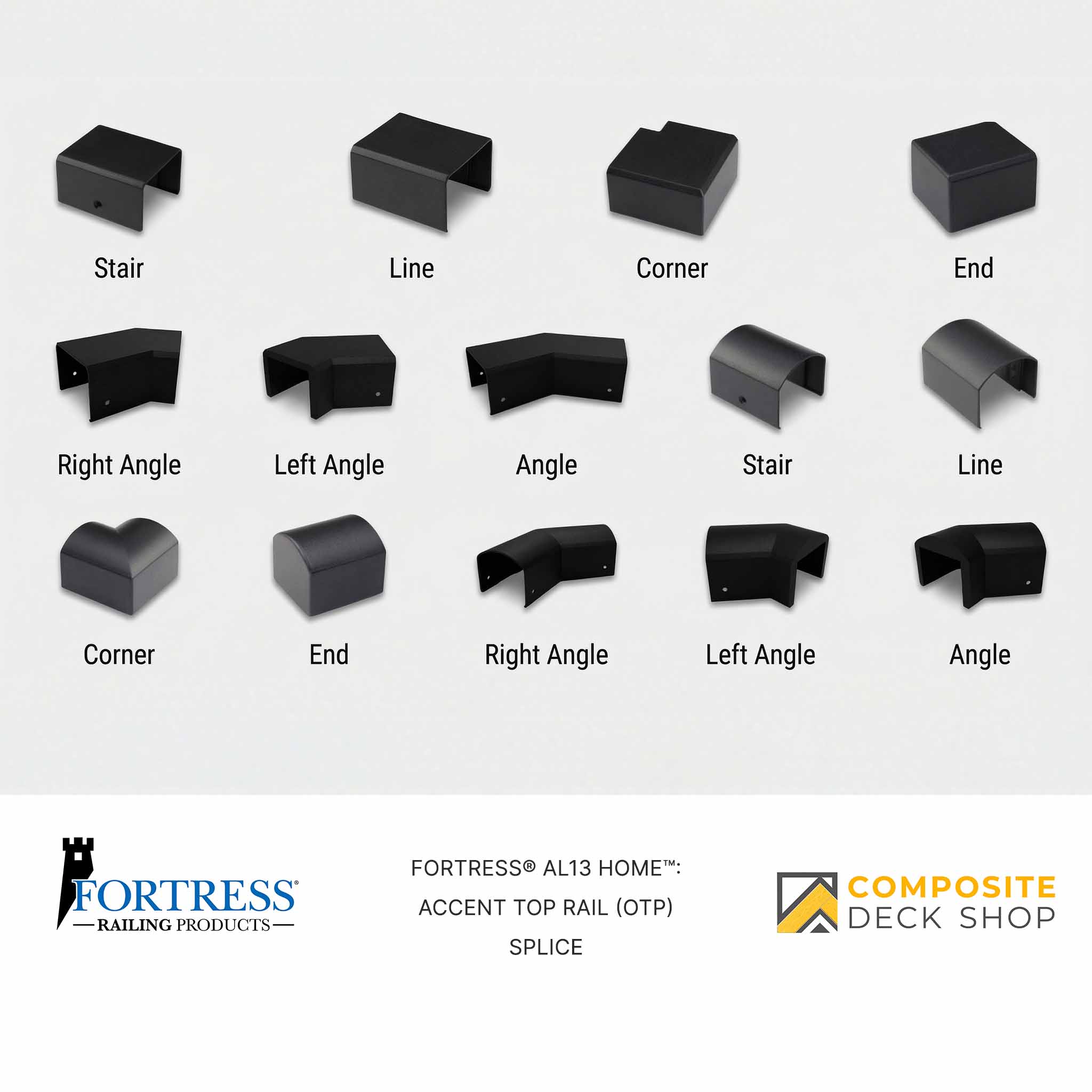 Collection of black railing products with labels on a gray background, featuring Fortress Railing Products and Composite Deck Shop logos.