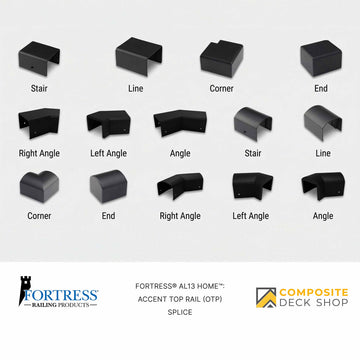 Collection of black railing products with labels on a gray background, featuring Fortress Railing Products and Composite Deck Shop logos.
