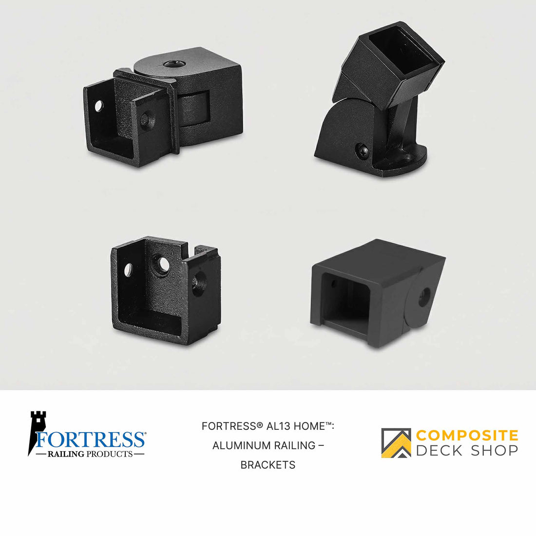 Four black Al13 HOME aluminum railing brackets are shown on a white background, with company logos at the bottom.