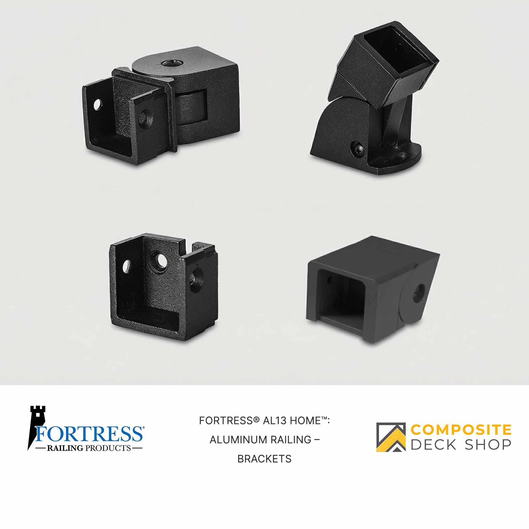 Four black Al13 HOME aluminum railing brackets are shown on a white background, with company logos at the bottom.