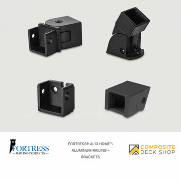 Four black Al13 HOME aluminum railing brackets are shown on a white background, with company logos at the bottom.
