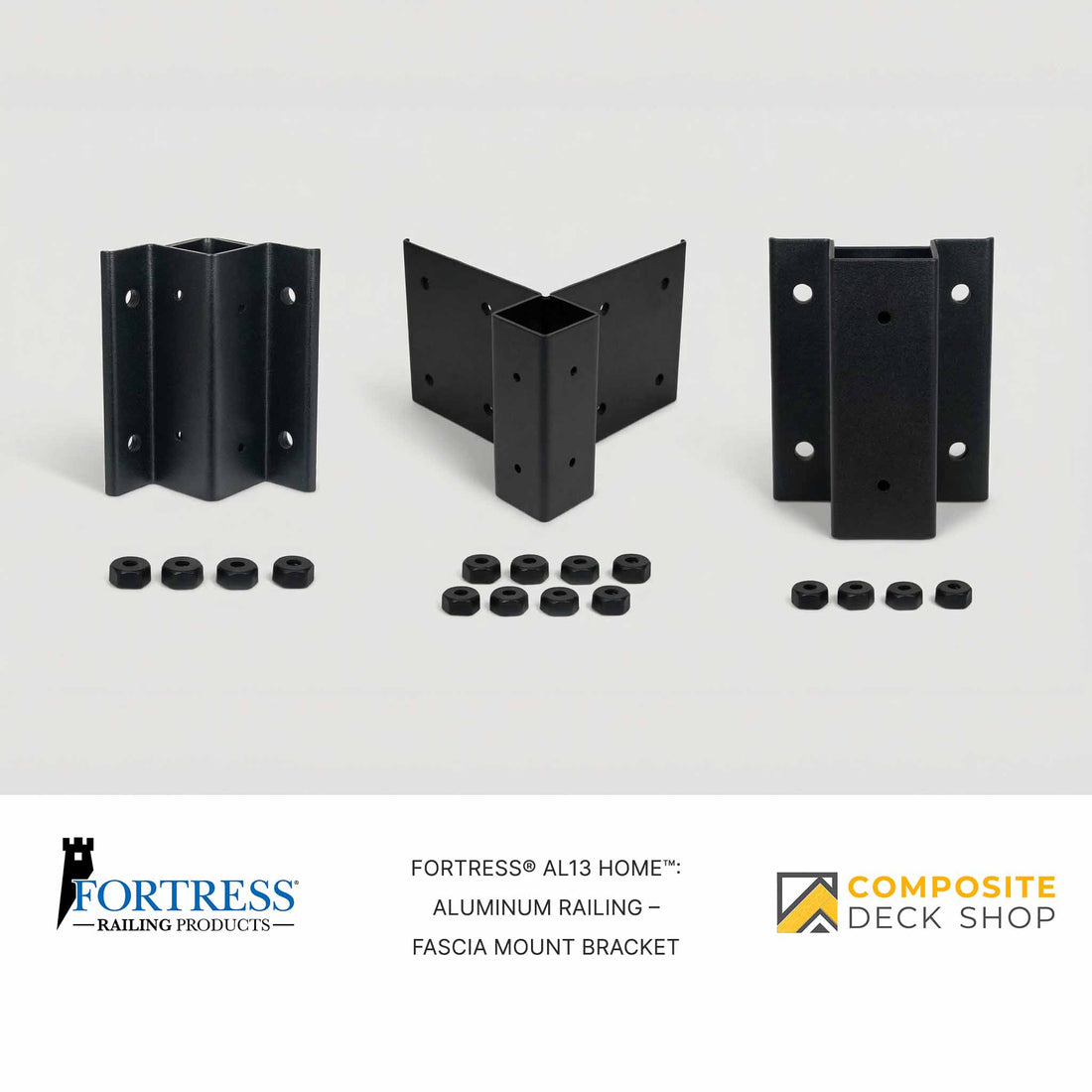 Three black Fortress fascia mount brackets for Al13 HOME aluminum railing, with nuts, shown on a white background. Logos below.