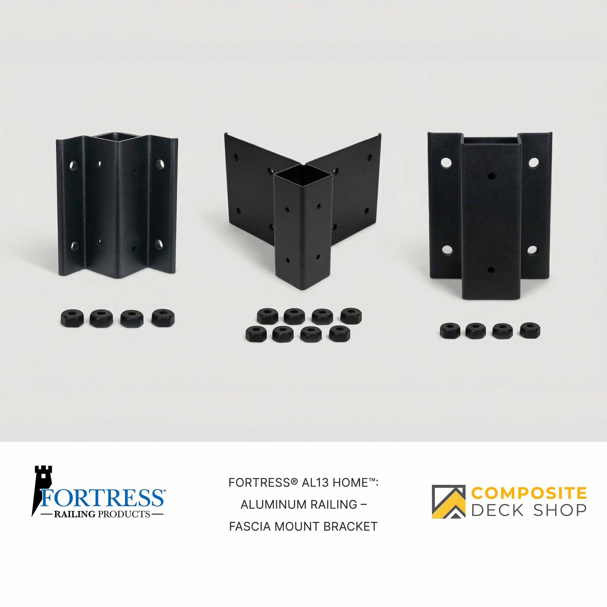Three black Fortress fascia mount brackets for Al13 HOME aluminum railing, with nuts, shown on a white background. Logos below.