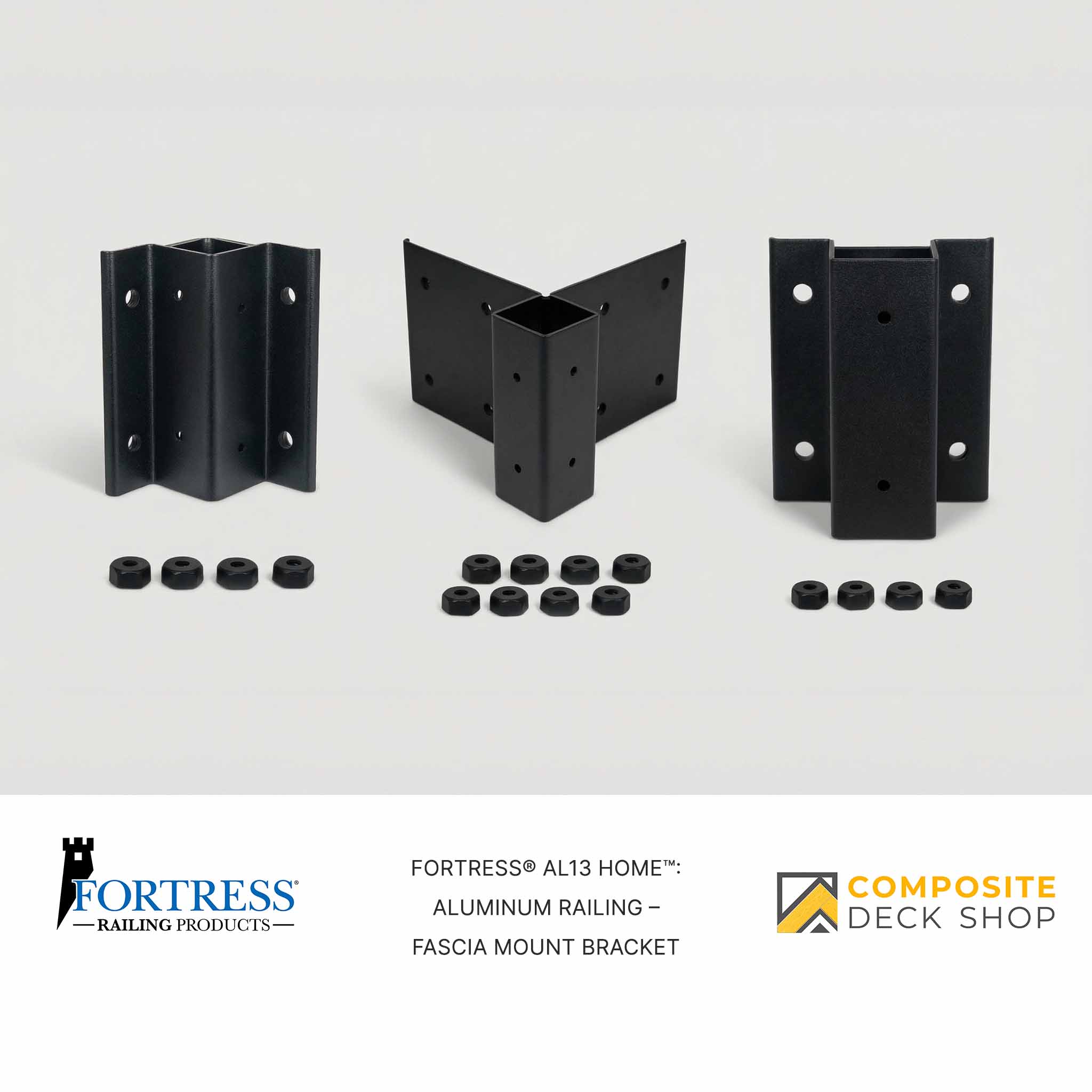 Three black Fortress fascia mount brackets for Al13 HOME aluminum railing, with nuts, shown on a white background. Logos below.