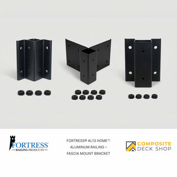 Three black Fortress fascia mount brackets for Al13 HOME aluminum railing, with nuts, shown on a white background. Logos below.