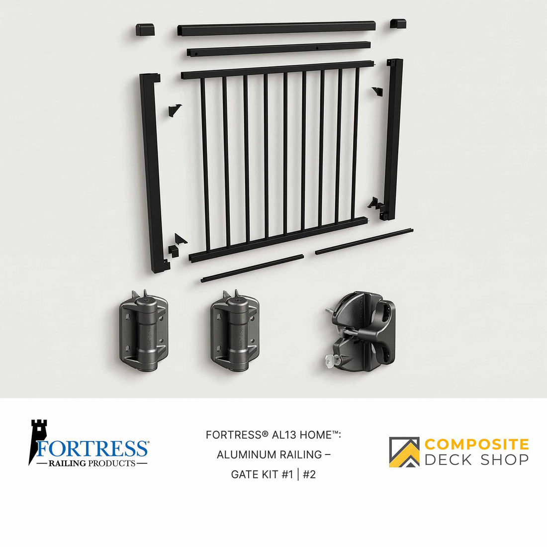 Aluminum railing gate kit with components on a white background, featuring Fortress Railing Products and Composite Deck Shop logos.