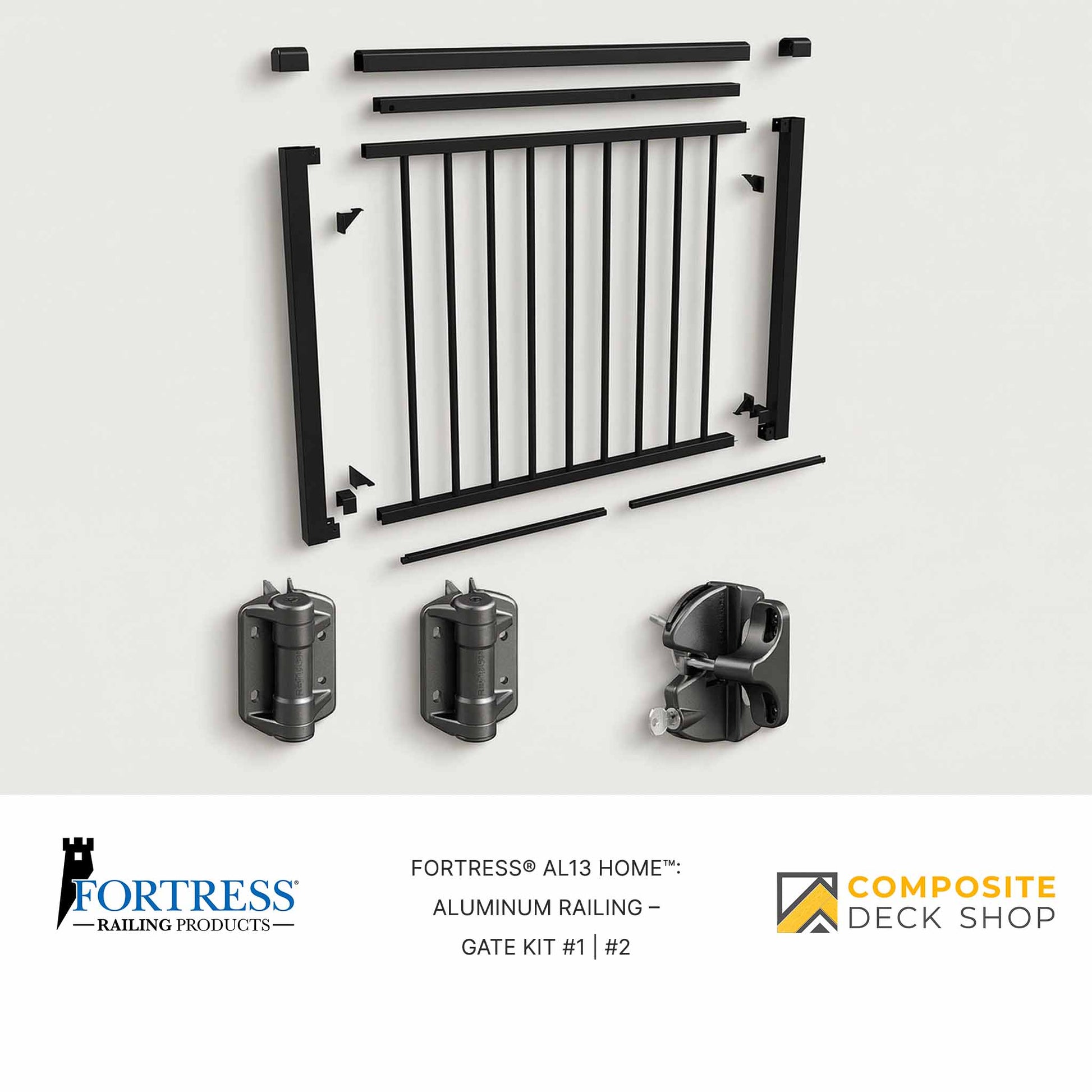 Aluminum railing gate kit with components on a white background, featuring Fortress Railing Products and Composite Deck Shop logos.