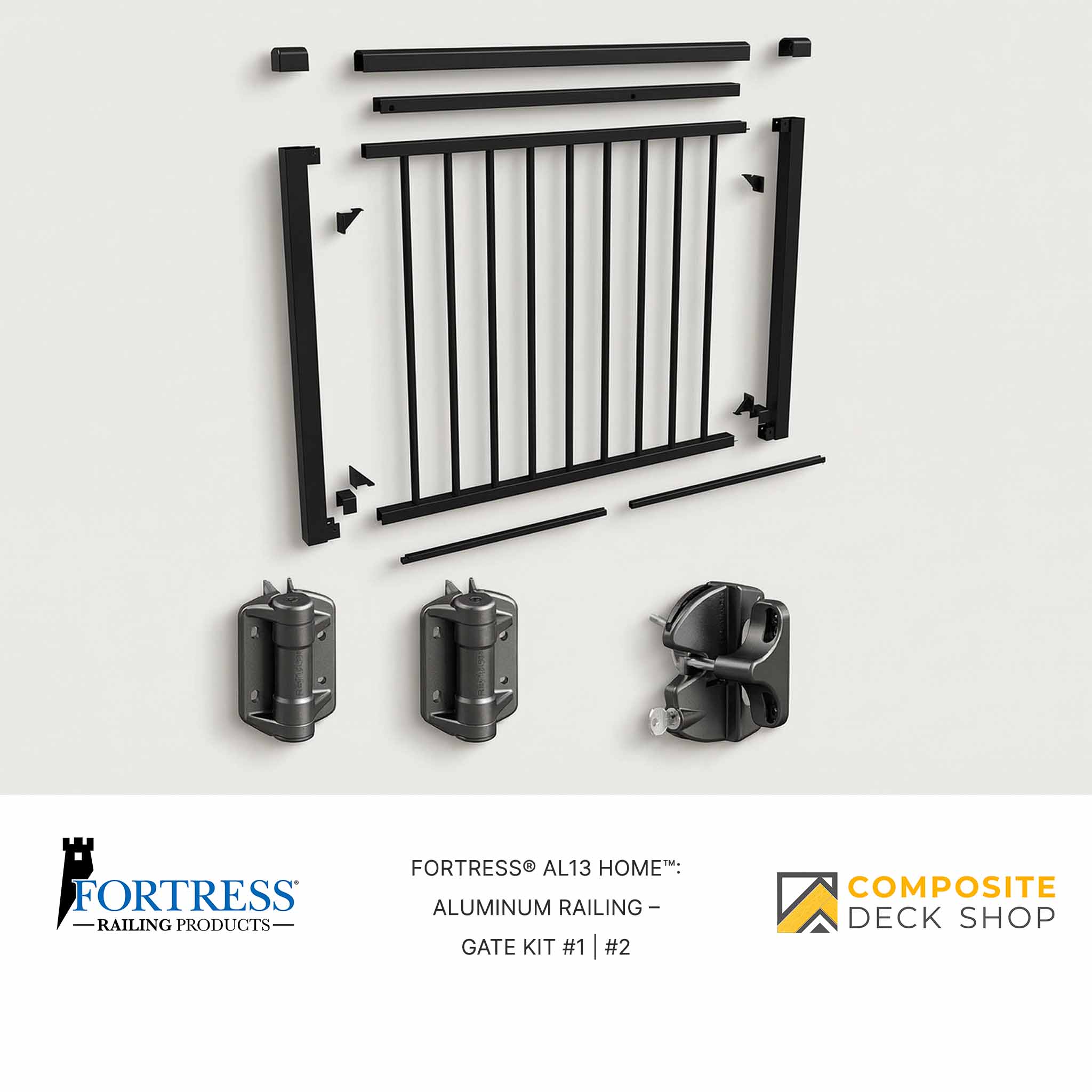 Aluminum railing gate kit with components on a white background, featuring Fortress Railing Products and Composite Deck Shop logos.