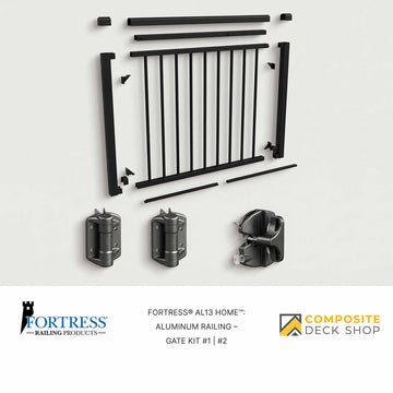 Aluminum railing gate kit with components on a white background, featuring Fortress Railing Products and Composite Deck Shop logos.