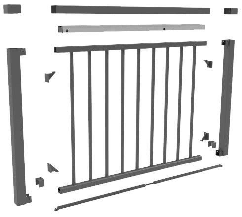 Exploded view of a gate kit with individual bars, brackets, and Al13 HOME aluminum railing frame pieces separated.