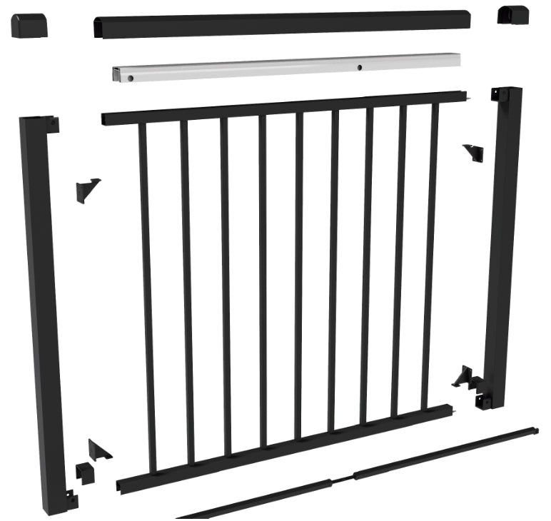 Black metal fence assembly Fortress gate kit on a white background