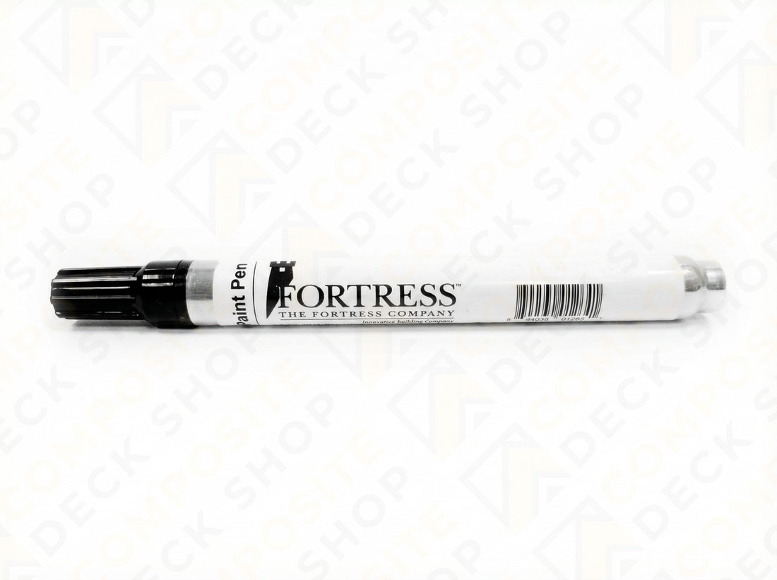 A person uses a power tool to assemble a metal railing; Fortress Railing and railing touch up tools featured.