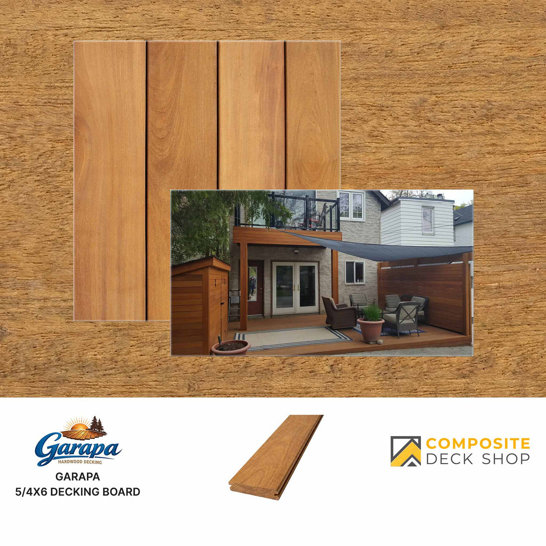 Garapa 5/4x6 durable hardwood decking sample, installed on patio; Composite Deck Shop and Garapa logos at bottom.