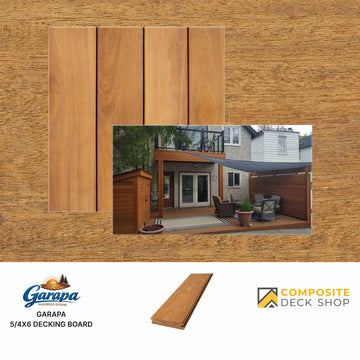 Garapa 5/4x6 durable hardwood decking sample, installed on patio; Composite Deck Shop and Garapa logos at bottom.