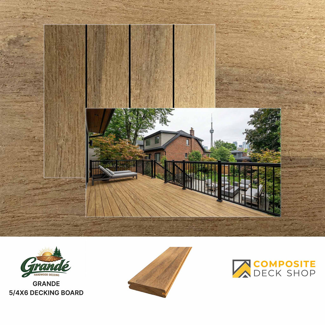 Sample planks, close-up, and installed view of durable decking—Grande 5/4x6 composite board in natural wood tone.