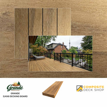 Sample planks, close-up, and installed view of durable decking—Grande 5/4x6 composite board in natural wood tone.