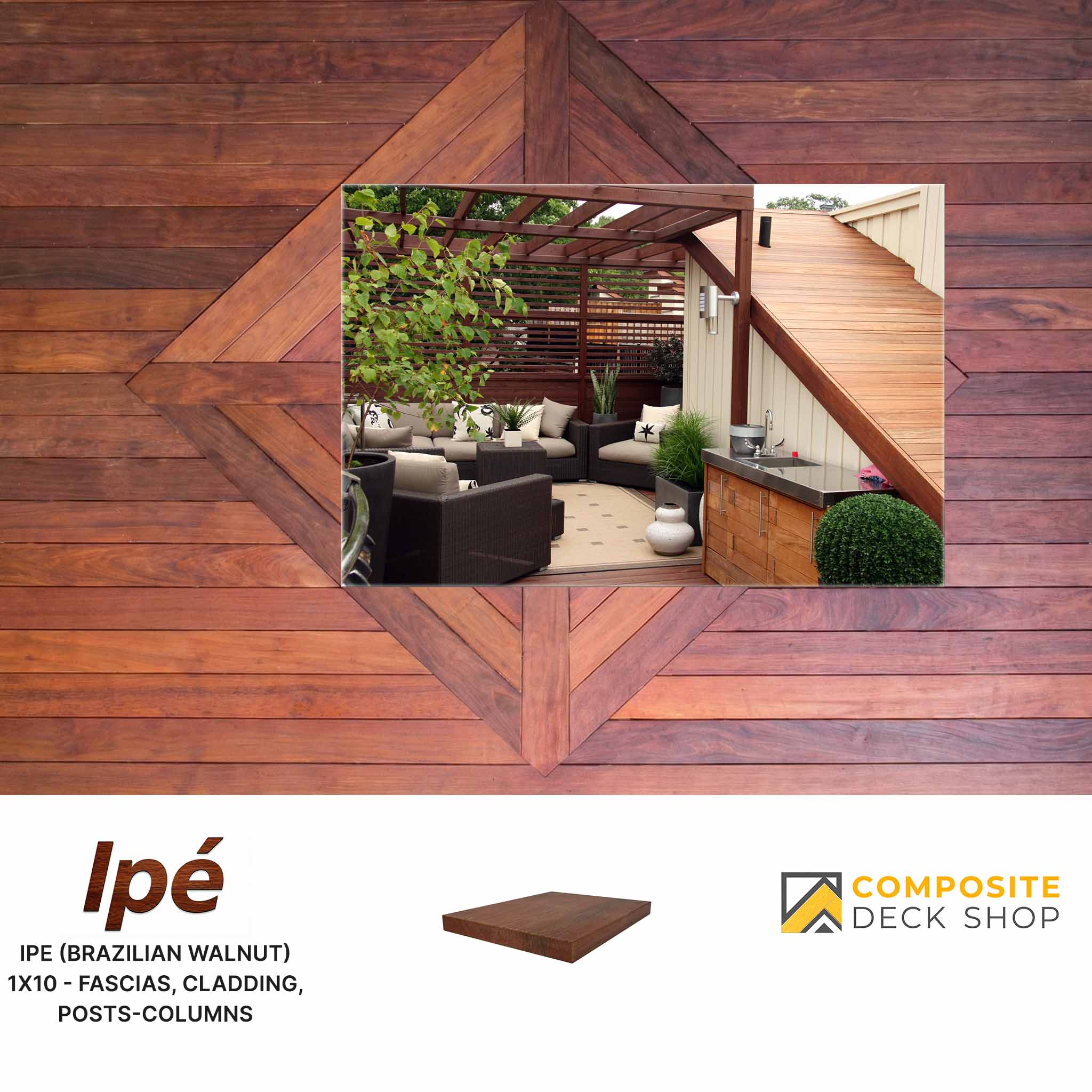 Ipé hardwood decking with a geometric design, outdoor seating area, and stairs, shown by Composite Deck Shop.