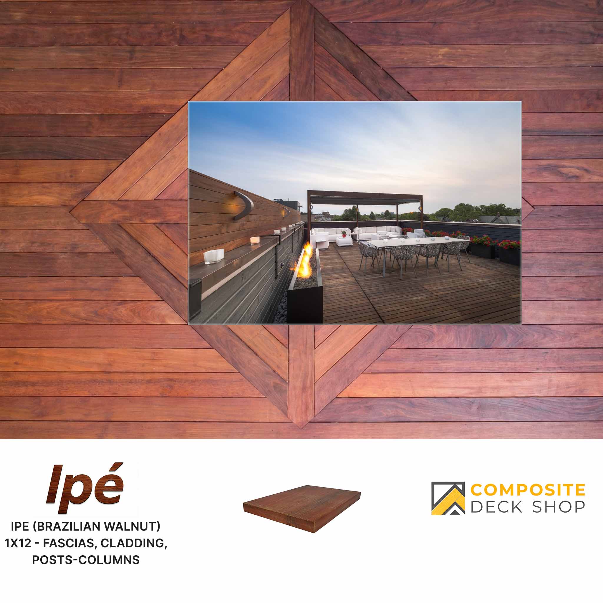 A photo of a rooftop deck with outdoor dining on geometric-patterned Ipe Hardwood Decking.