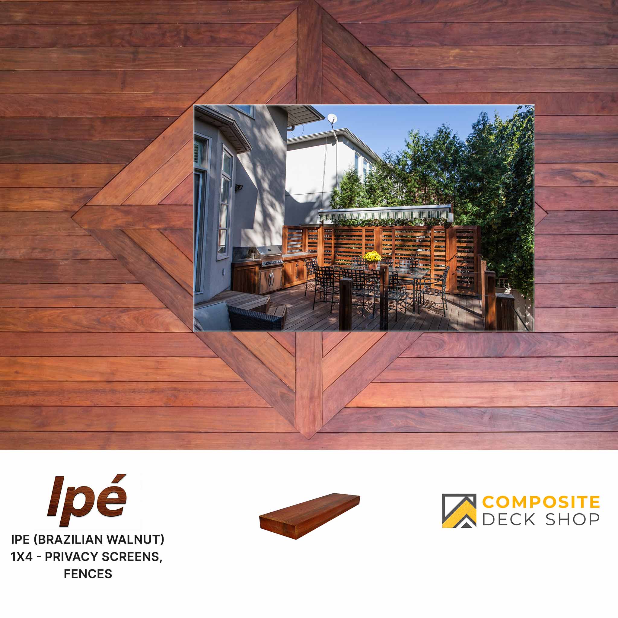 Outdoor dining area on a wooden deck with privacy screens, bordered by geometric patterned Ironwood planks.