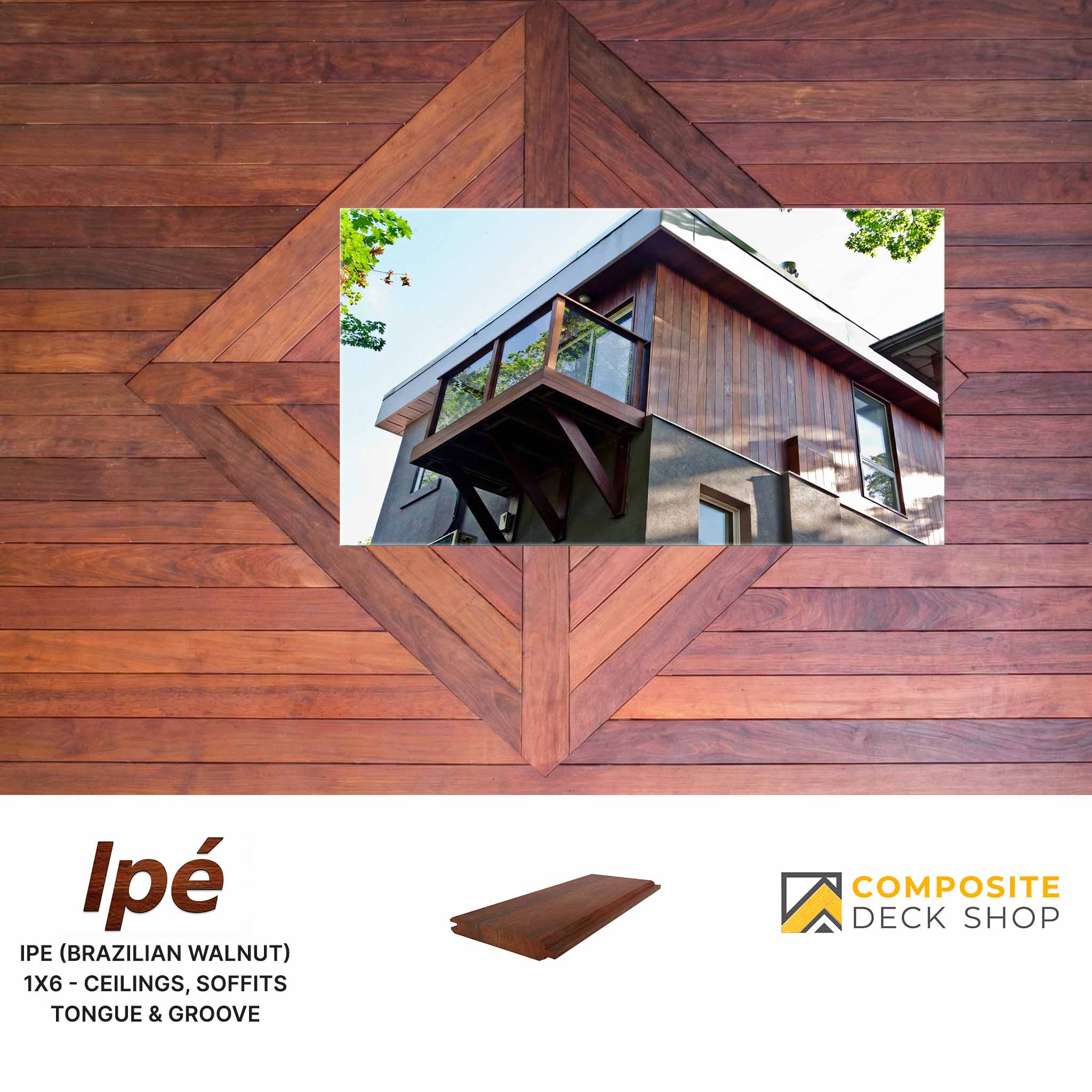 Ipé wood ceiling and soffit boards, also known as Brazilian Walnut, shown on a modern house exterior.