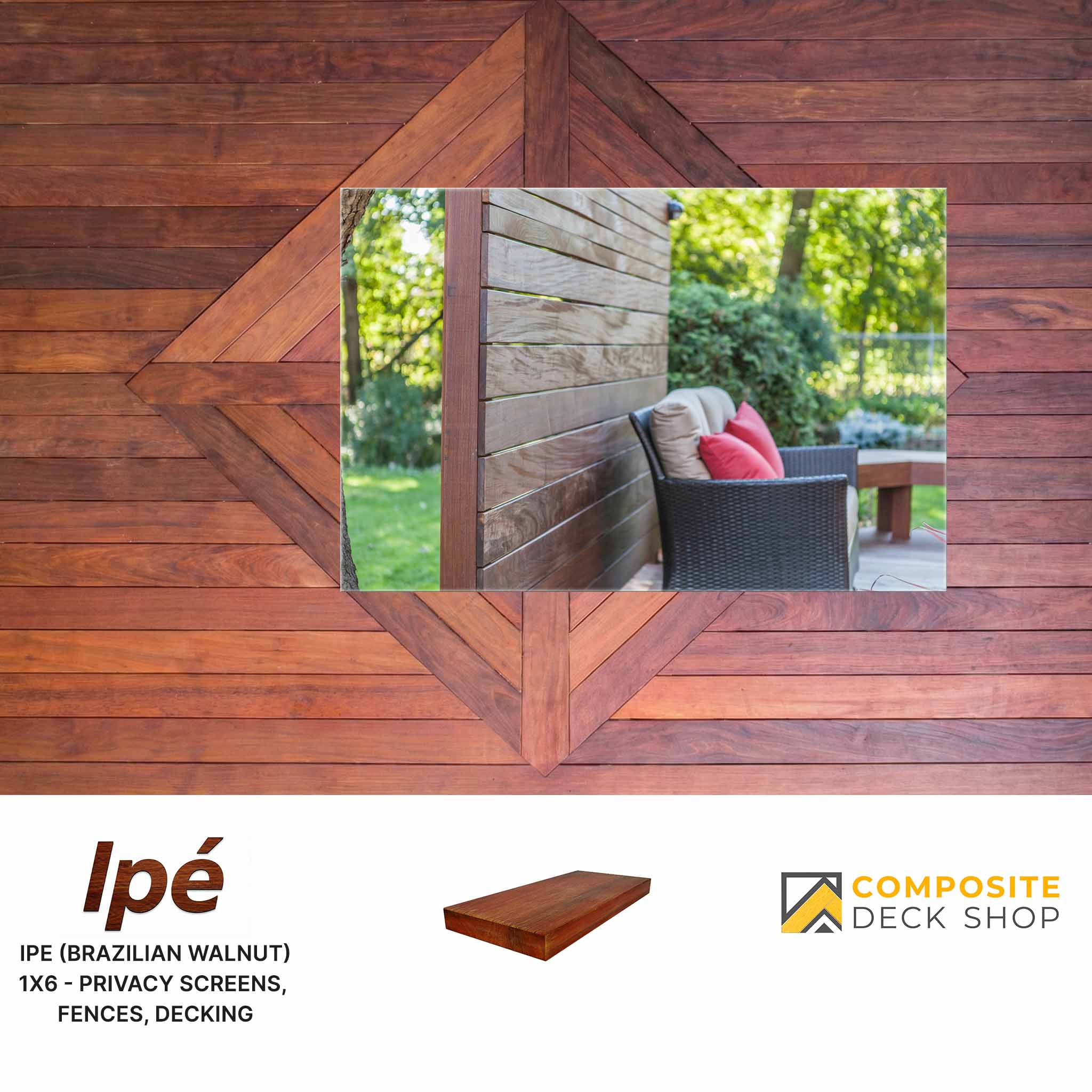 Ipe wood paneling with a mirror reflection of outdoor furniture and garden.