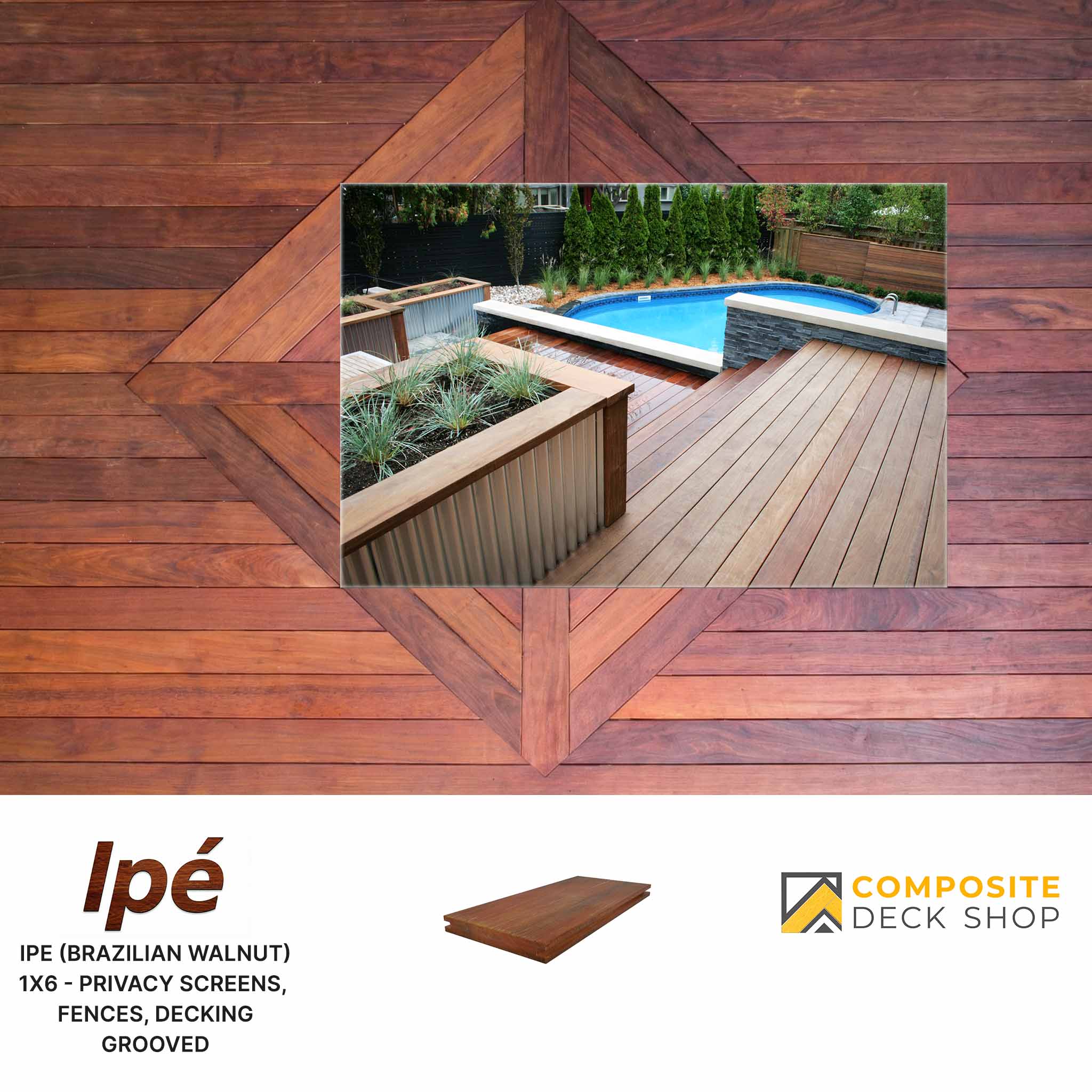 Ipe Hardwood Decking surrounds a pool and planter box; sample board and product info displayed below.