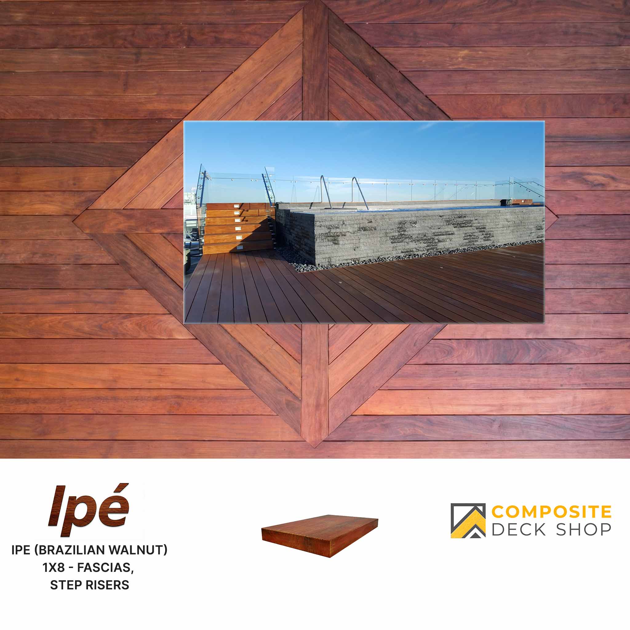 Wood decking with a geometric pattern, featuring Ironwood branding for Brazilian Walnut (Ipe Hardwood Decking) boards.