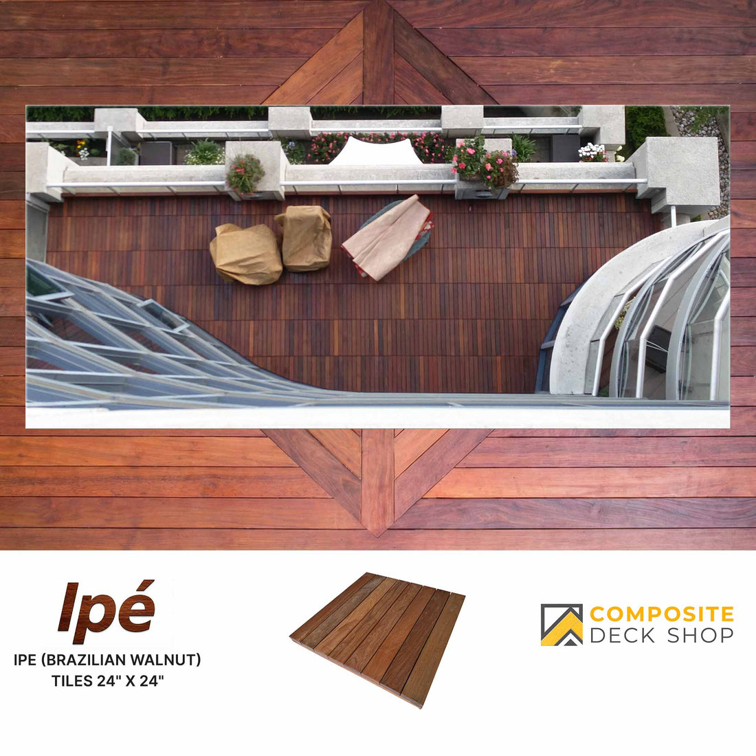 A rooftop balcony with ipe tiles, two covered chairs, and planters—an inviting Outdoor Spaces scene from above.