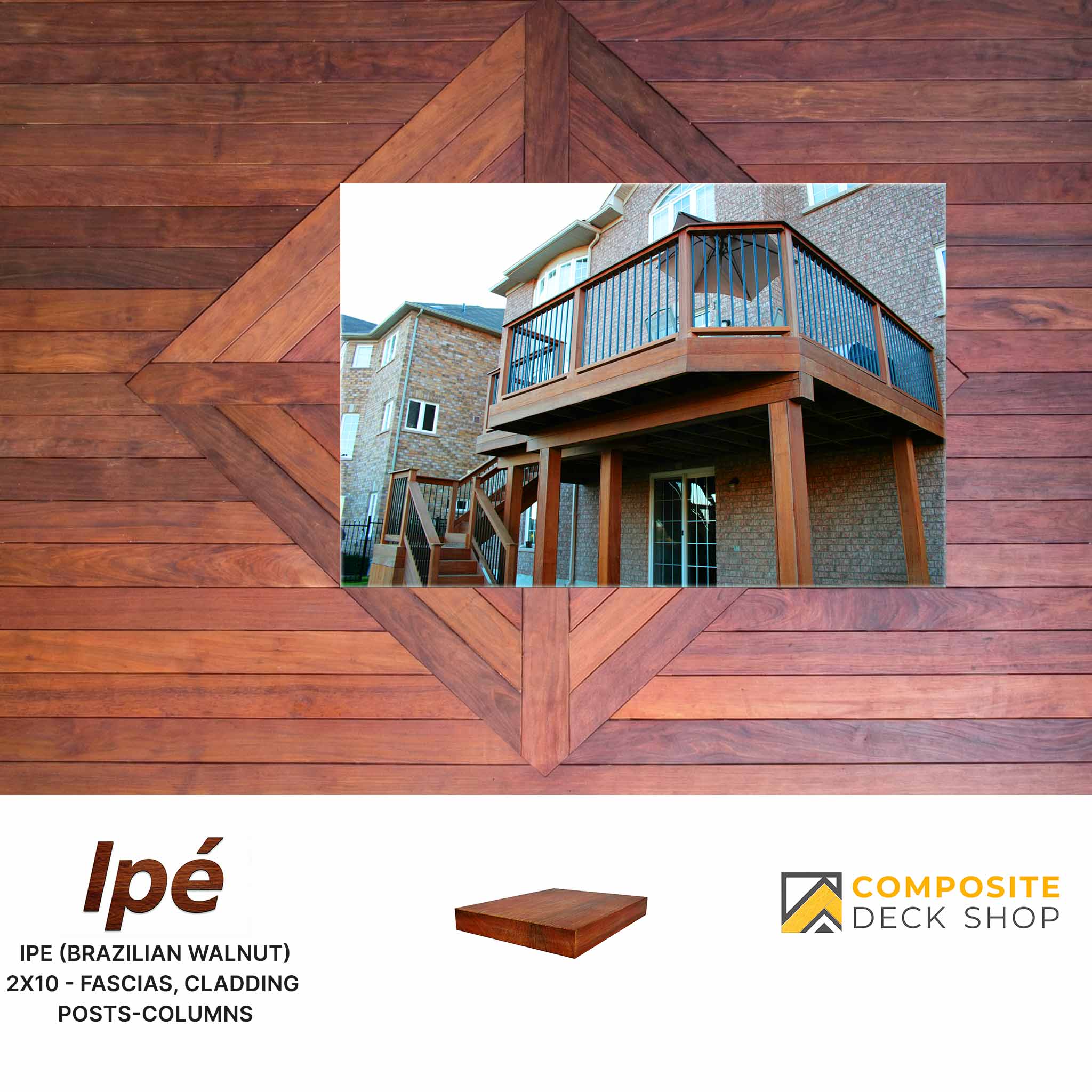 Close-up of Ipe Hardwood Decking pattern with inset image showing an outdoor deck made from the same material.