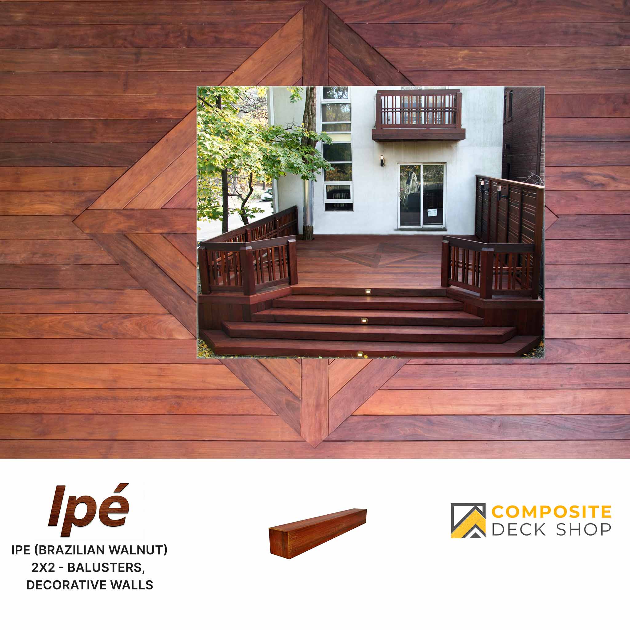 Close-up of Ironwood decking with a central inset photo of a finished deck and Composite Deck Shop branding.