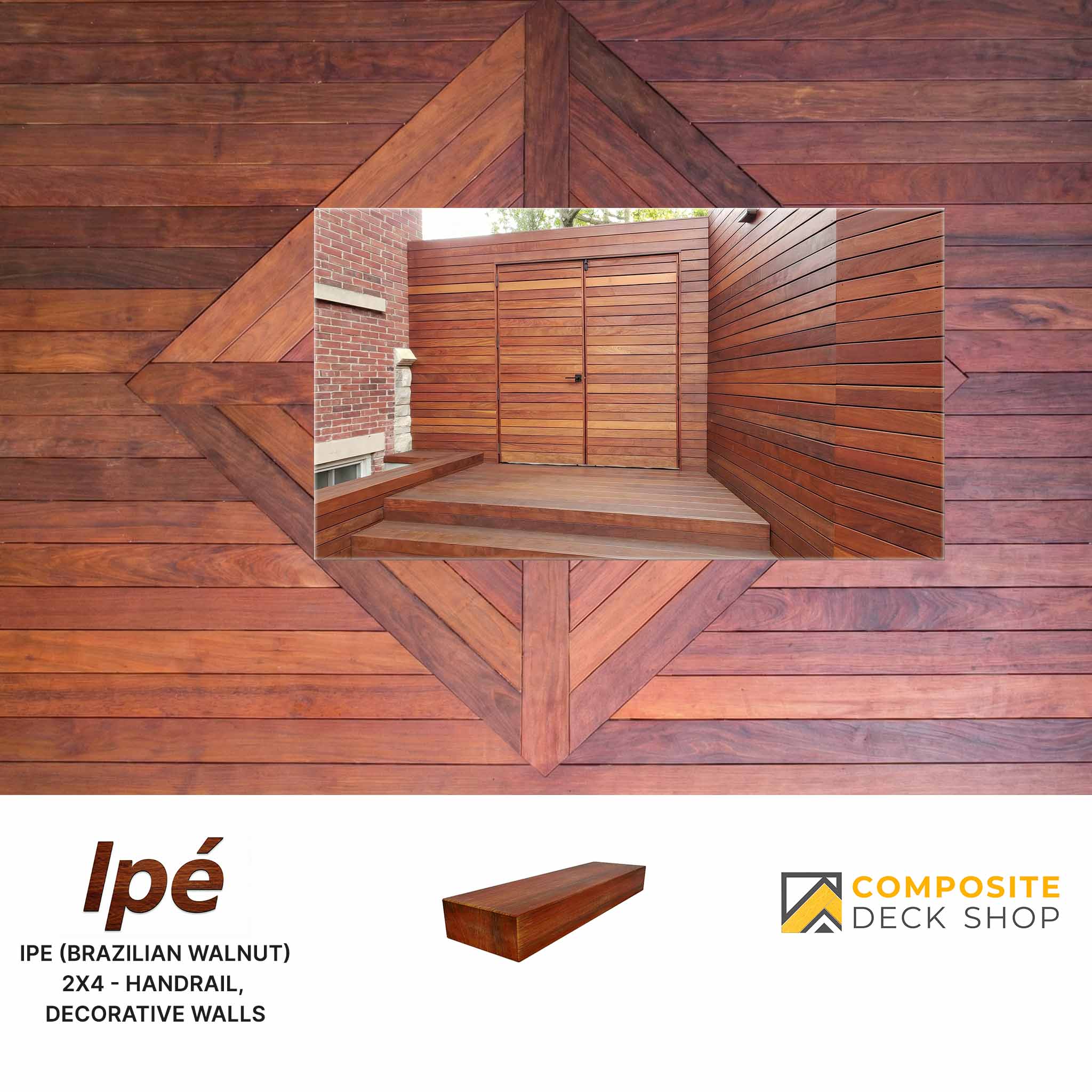 Close-up of Ipé wood paneling with a photo showing Ipe Hardwood Decking on a deck, handrail, and wall.