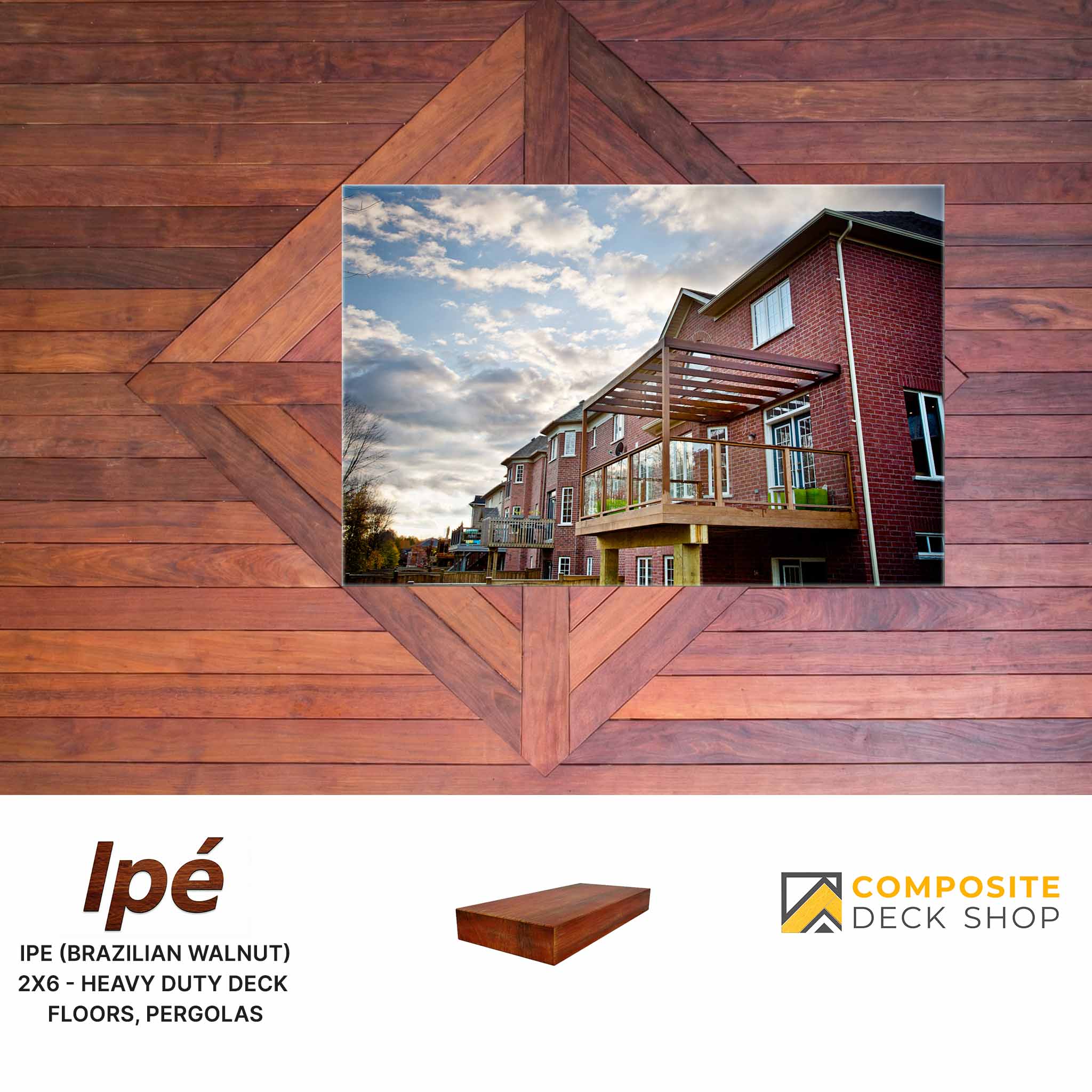 Rectangular photo of a brick building with balconies on a geometric Ipe Hardwood Decking background.