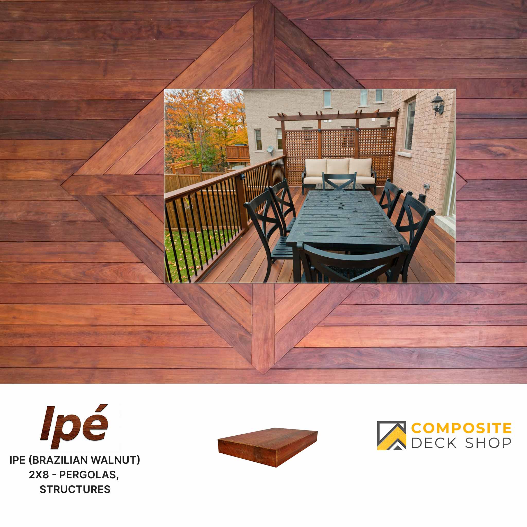 Ipé Hardwood Decking with outdoor dining set and pergola, showcased by Composite Deck Shop as a premium material option.