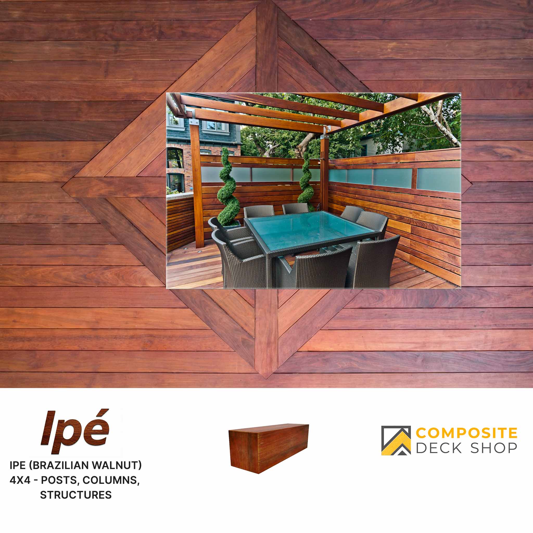 Outdoor dining area with a glass table on a beautiful Ipe Hardwood Decking, surrounded by fencing and greenery.
