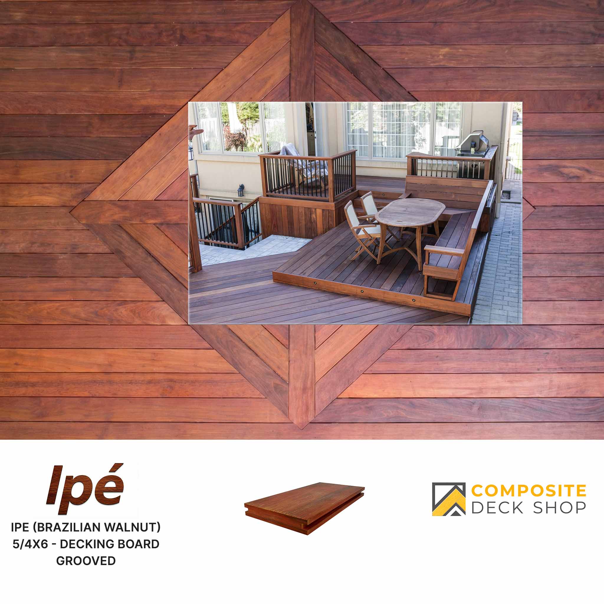 Wooden decking area with patio furniture, bordered by Ipe Hardwood Decking (Brazilian Walnut) grooved boards.