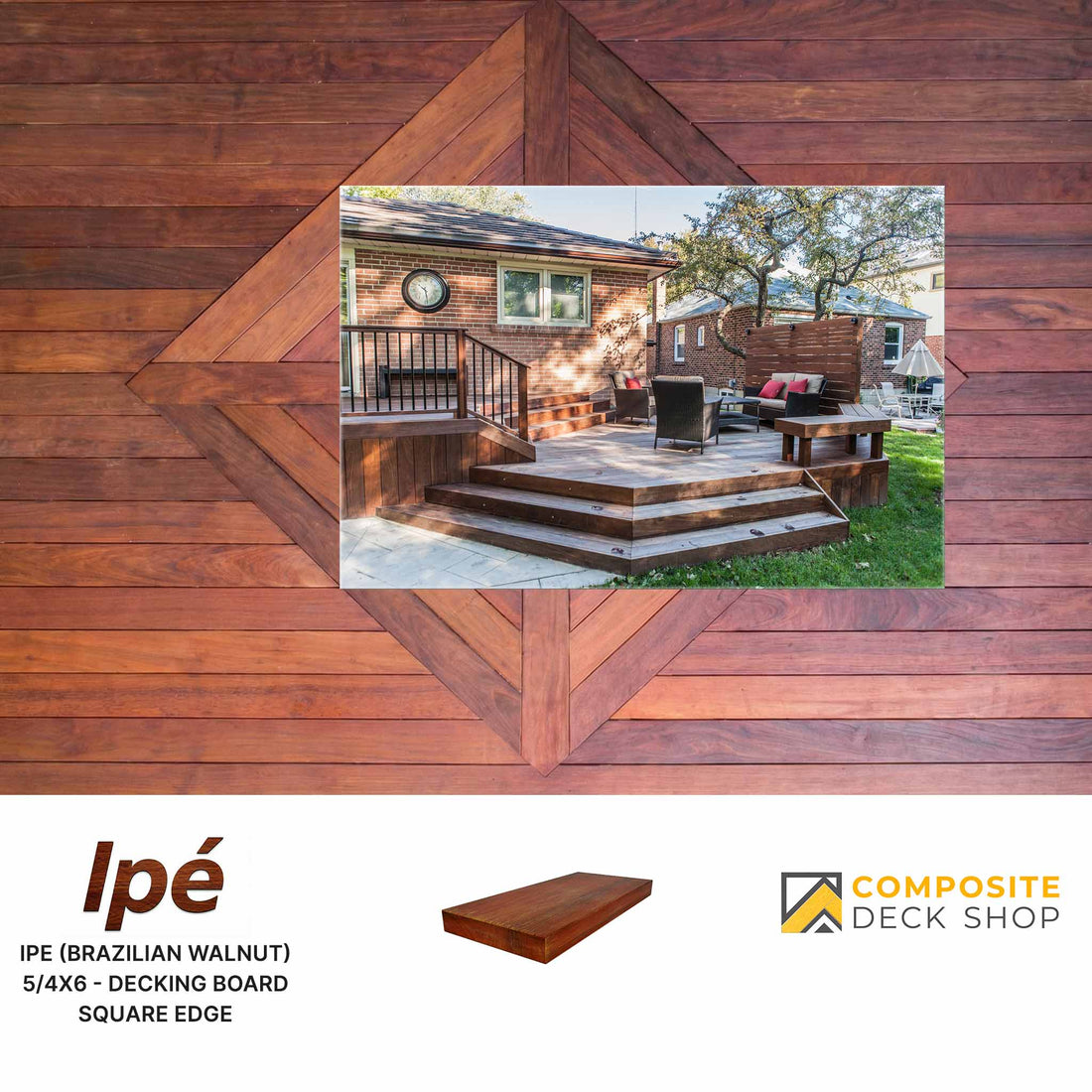 Ipe wood paneling with a mirror reflection of outdoor furniture and garden.