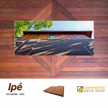 Modern house exterior with IpeX siding, highlighting tropical hardwood siding and Composite Deck Shop branding.
