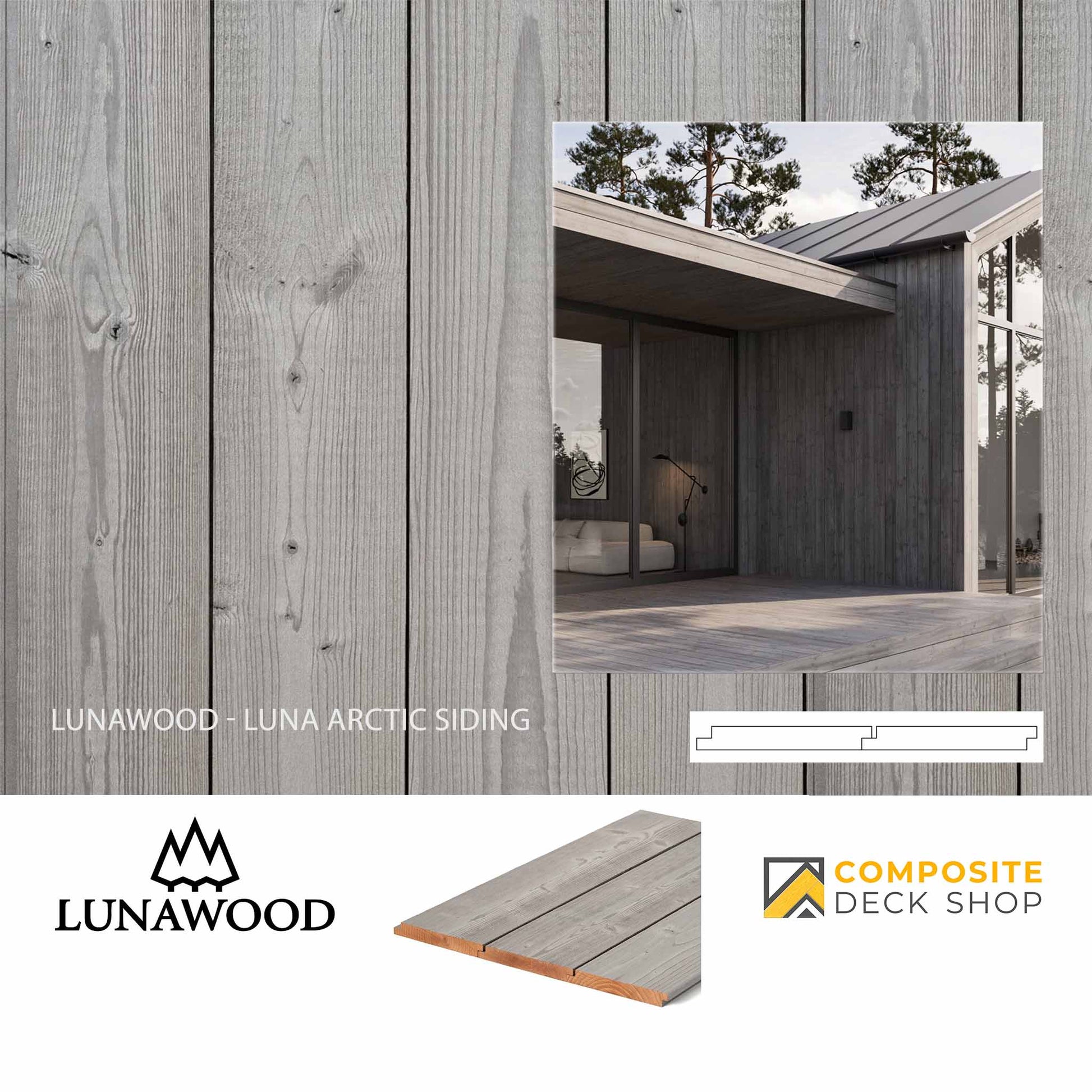 Advertisement for Lunawood Luna Arctic Siding with a house exterior and product sample.